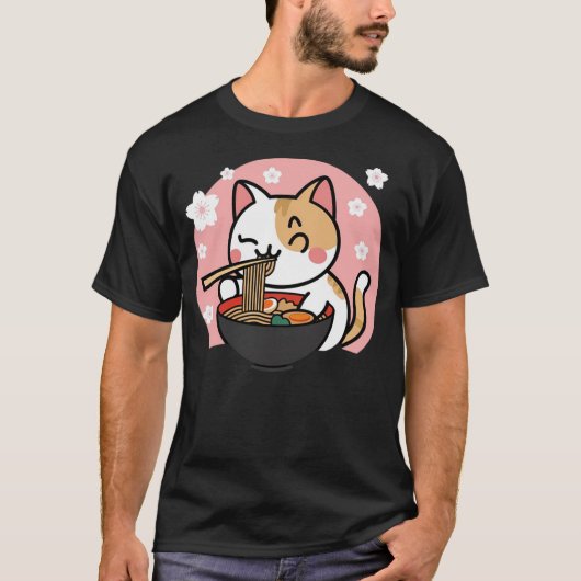 Cute Ramen Cat Kawaii Anime Sakura Pink Tシャツ (正面)