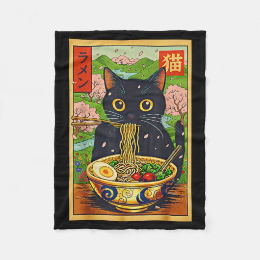 Cute Ramen Cat Nature Flowers Noodle Anime  フリースブランケット (正面)