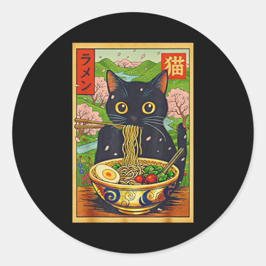Cute Ramen Cat Nature Flowers Noodle Anime  ラウンドシール (正面)