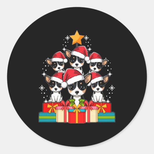 Cute Rat Terrier Le Dog Christmas Tree Xmas Hat Lo ラウンドシール (正面)