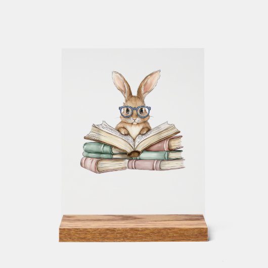 Cute Reading Bunny Glasses Books Bookworm Reader T アクリルサイン (正面)