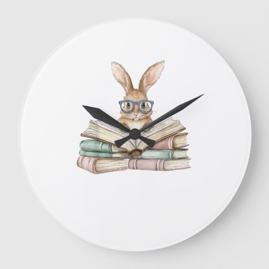 Cute Reading Bunny Glasses Books Bookworm Reader T ラージ壁時計 (正面)