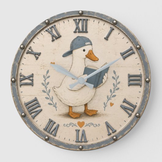 Cute Reading Duck Book Lover Whimsical Nursery ラージ壁時計 (正面)