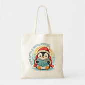 Cute Reading Penguin Bookish Cotton Tote Bag トートバッグ (正面)