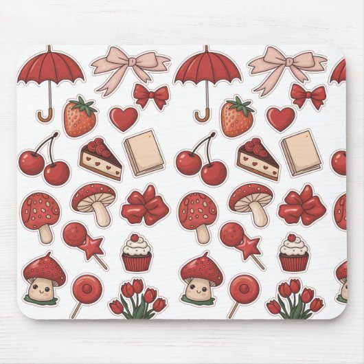 Cute Red Aesthetic Mushroom Strawberry Dessert Pat マウスパッド (正面)