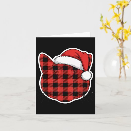 Cute Red And Black Buffalo Plaid Cat Christmas San カード (黄色い花)