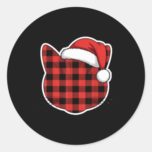 Cute Red And Black Buffalo Plaid Cat Christmas San ラウンドシール (正面)