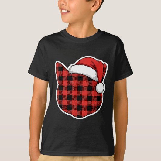 Cute Red And Black Buffalo Plaid Cat Christmas San Tシャツ (正面)