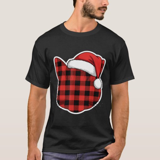 Cute Red And Black Buffalo Plaid Cat Christmas San Tシャツ (正面)