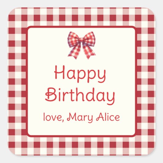Cute Red and Cream Gingham Bow スクエアシール (正面)