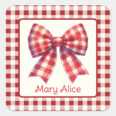 Cute Red and Cream Gingham Bow スクエアシール (正面)