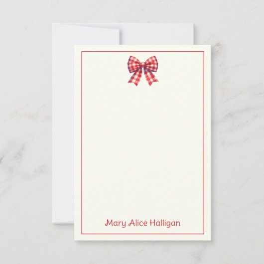 Cute Red and Cream Gingham Bow ノートカード (正面)