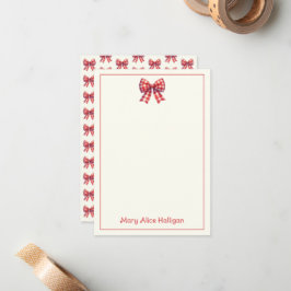 Cute Red and Cream Gingham Bow ノートカード