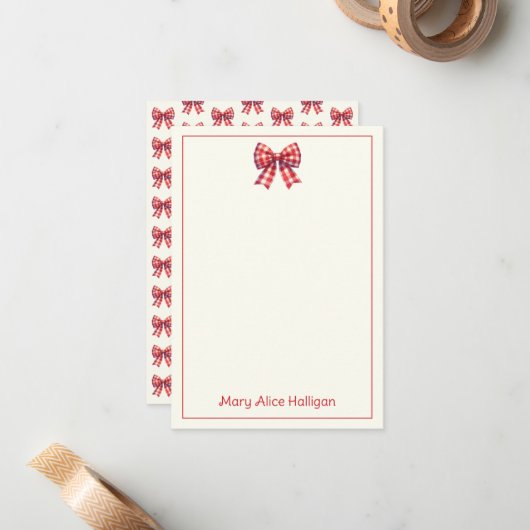 Cute Red and Cream Gingham Bow ノートカード (正面/裏面インサイチュ)