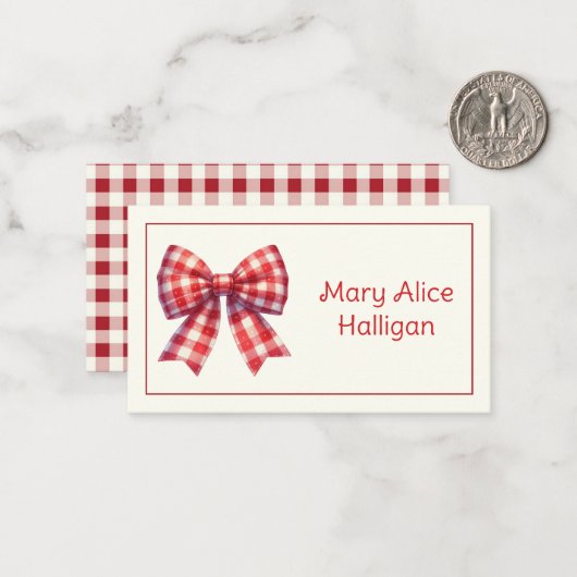 Cute Red and Cream Gingham Bow ノートカード (正面/裏面インサイチュ)