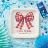 Cute Red and Cream Gingham Bow ペーパープレート (パーティー)