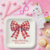 Cute Red and Cream Gingham Bow ペーパープレート (パーティー)