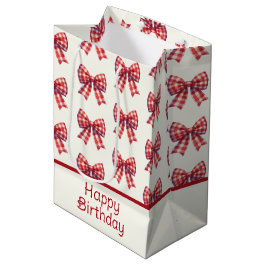 Cute Red and Cream Gingham Bow ミディアムペーパーバッグ