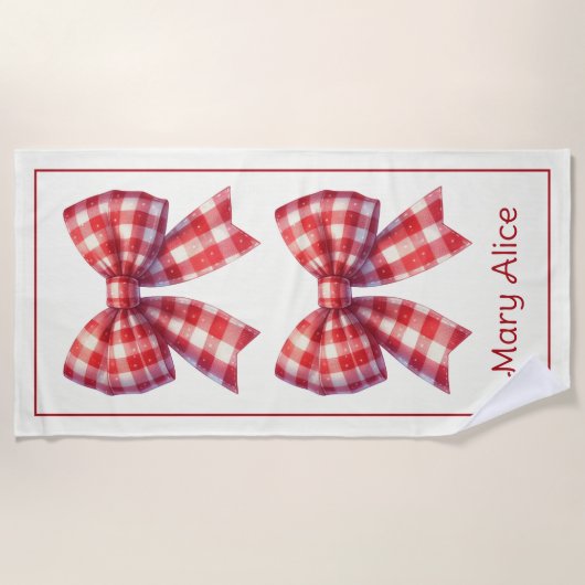 Cute Red and Cream Gingham Bows ビーチタオル (正面)