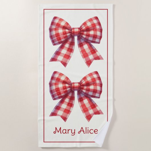 Cute Red and Cream Gingham Bows ビーチタオル (正面)