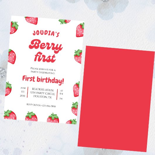 Cute Red Berry First Birthday Watercolor  招待状