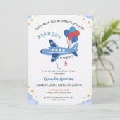 Cute Red & Blue Airplane Balloon 5th Birthday 招待状 (スタンド正面)