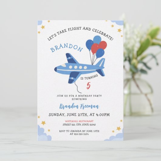 Cute Red & Blue Airplane Balloon 5th Birthday 招待状 (スタンド正面)