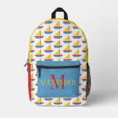 Cute Red Blue Yellow Toy Sailboat Monogram プリントバックパック (正面)