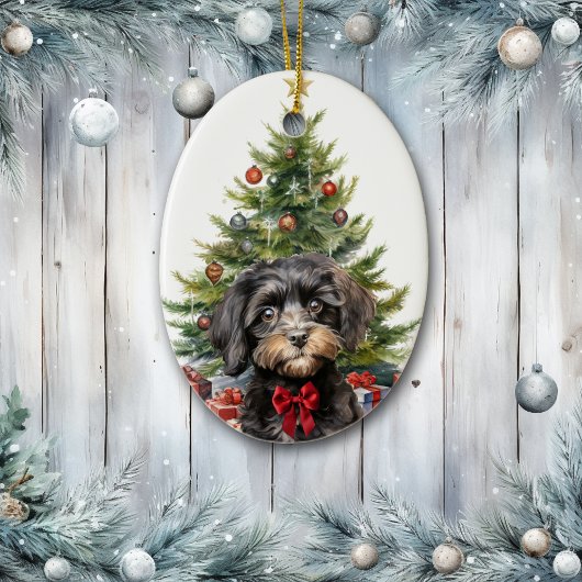 Cute Red Bow Black Tan Cavapoo Dog Christmas セラミックオーナメント