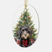 Cute Red Bow Black Tan Cavapoo Dog Christmas セラミックオーナメント (左)