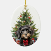Cute Red Bow Black Tan Cavapoo Dog Christmas セラミックオーナメント (正面)