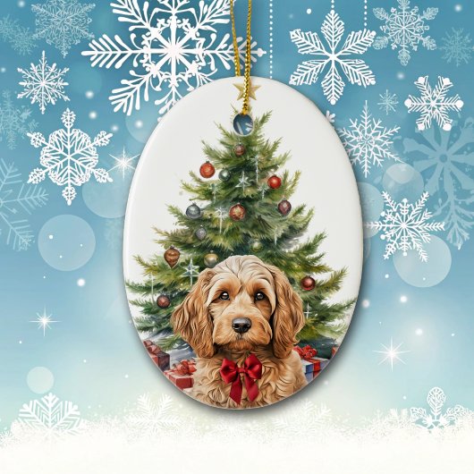 Cute Red Bow Cockapoo Dog Christmas セラミックオーナメント