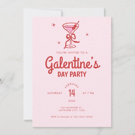Cute Red Bow Cocktail Galentine's Day Party 招待状 (正面)