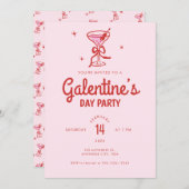 Cute Red Bow Cocktail Galentine's Day Party 招待状 (正面/裏面)
