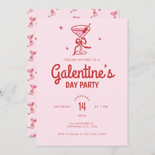 Cute Red Bow Cocktail Galentine's Day Party 招待状 (正面/裏面)