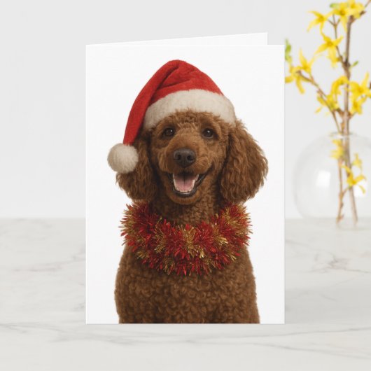 Cute red / brown Poodle Christmas card カード (黄色い花)