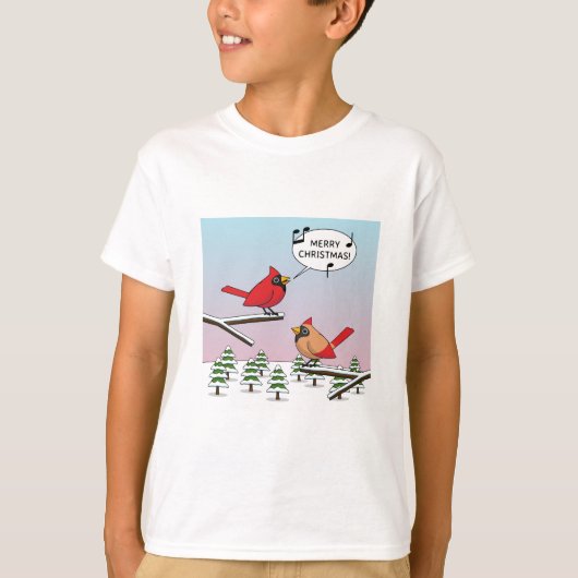 Cute Red Cardinal Singing Merry Christmas Tシャツ (正面)