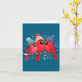 Cute Red Cardinals With Knitted Hats Winter Bird A カード (黄色い花)