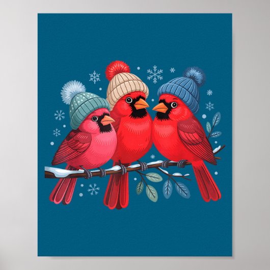 Cute Red Cardinals With Knitted Hats Winter Bird A ポスター (正面)
