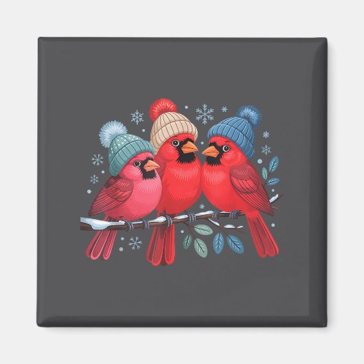 Cute Red Cardinals With Knitted Hats Winter Bird A マグネット (正面)