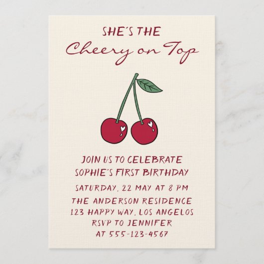 Cute Red Cherry | Cherry on Top First Birthday 招待状 (正面)