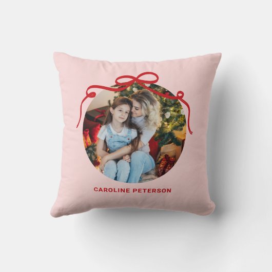 Cute Red Coquette Bow Ribbon Custom Photo Gift クッション (裏面)