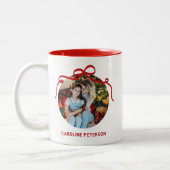 Cute Red Coquette Bow Ribbon Custom Photo Gift ツートーンマグカップ (左)