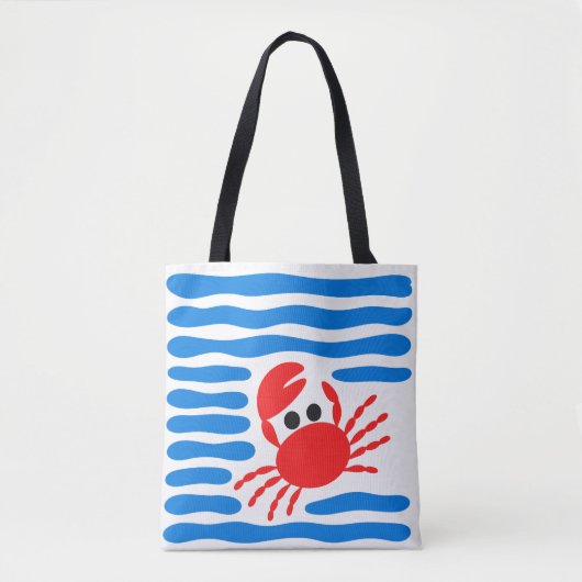 Cute Red Crab & Blue Waves Coastal トートバッグ (正面)