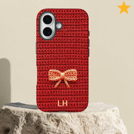 Cute Red Crochet Bow Yarn Custom Name iPhone 16ケース