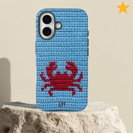 Cute Red Crochet Crab Yarn Custom Name Initials iPhone 16ケース