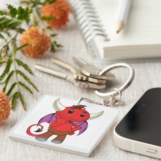 Cute Red Devil Character Thinking Mischievous キーホルダー (正面右)