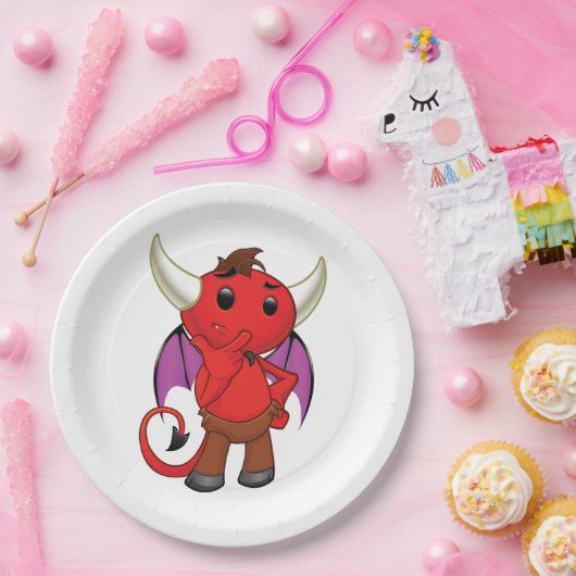 Cute Red Devil Character Thinking Mischievous ペーパープレート (パーティー)
