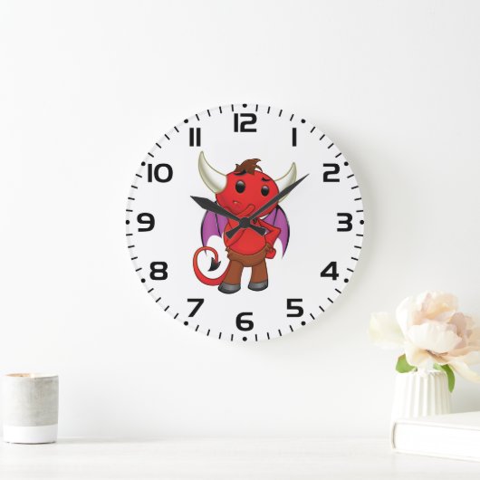 Cute Red Devil Character Thinking Mischievous ラージ壁時計 (ホーム)