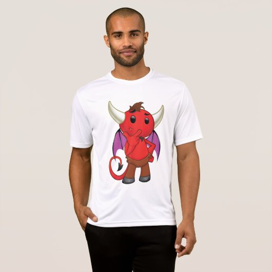 Cute Red Devil Character Thinking Mischievous Tシャツ (正面フル)